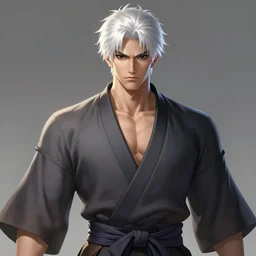 a highly detailed illustration of fierce short white haired parted through the middle young attractive asian man, wearing hakama, with black sclera eyes, heroically posing, muscular, intricate, elegant, highly detailed, centered, digital painting, artstation, concept art, smooth, sharp focus, league of legends concept art, WLOP