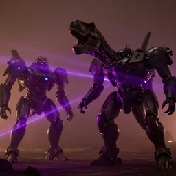 movie still of dinosaur mecha robots, atmospheric, purple lasers, beautiful, directed by neil blomkamp, soft lighting, cinematic lighting, film grain, very high detail, dramatic composition,