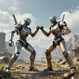 two humanoid futuristic robot fighting each other, landscape, Cyberpunk, Steampunk, cloudy, mountains on background, peaceful day