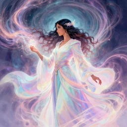 side portrait, maya ali, wind sorcerer, fantasy robe, gloomhaven, luminescent, colorful swirly ripples of magic, pastel colors, by greg manchess, huang guangjian, gil elvgren, sachin teng, greg rutkowski, jesper ejsing, ilya kuvshinov