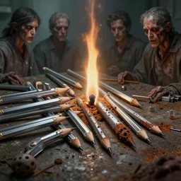 pencils of medical abandonment autopsy dipped in chrome, rolled in spores & rust, by wayne d barlowe, boris vallejo, geof darrow, stefano tamburini, torch light, muted colors, epic, hyper detailed, awe inspiring, award winning horror, hyper realism, cinematic