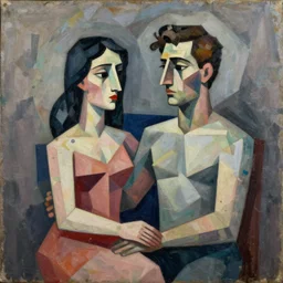 a painting of a man and a woman, a cubist painting by elizabeth murray, behance, cubo - futurism, cubism, oil on canvas, airbrush art, high quality, complimentary colors