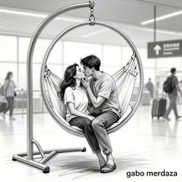 a sketch drawing, last kiss on a hanging chair hammock at the airport by gabo mendoza, trending on artstation