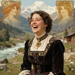 hyper realistic and detailed vintage portrait photo of a beautiful beautifully lit nepalese Victorian woman laughing in a himalayan valley by alphonse mucha and annie leibovitz