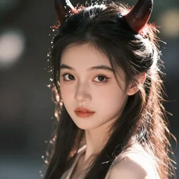 headshot portrait of young demon girl by WLOP, bokeh, fine details