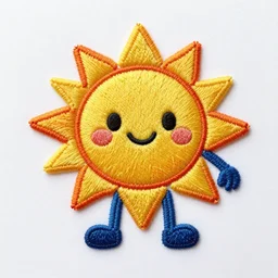 embroidered cute little smiling sun headed character, vibrant, colorful