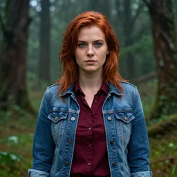 an insanely detailed realistic depiction of beautiful jodi from stardew valley standing in the rainy forest wearing burgundy shirt under blue denim jacket, auburn hair, pretty blue eyes, in the style of peter mohrbacher, artgerm, dramatic lighting and composition, octane render, trending on artstation, concept art 8 k