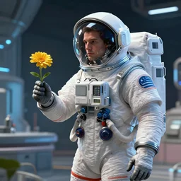 a man in a space suit with a flower in his hand, a computer rendering by Mike Winkelmann, trending on cgsociety, retrofuturism, uhd image, rendered in cinema4d, hard surface modeling,