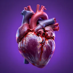 a human heart broken, bleeding ; purple background, hyperrealism, detailed, volumetric light, glare