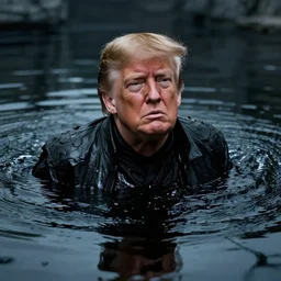 donald trump's anguished face slowly lifting out of a pool of viscous black reflective oil, dressed as barron vladimir harkonnen from dune, futuristic, cinematic - n 4