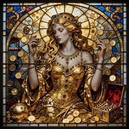 greed deadly sin represented by a beautiful woman surrounded by gold coins, jewels, and treasure, style of peter mohrbacher, vray, highly detailed, luxury, fractal, gold inlay, dramatic lighting, golden ratio, elegant, epic, stained glass