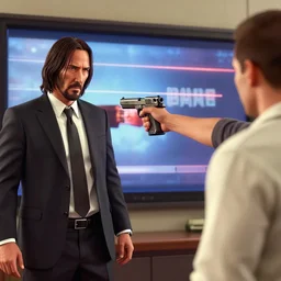 john wick pointing a gun at person in GTA V loading screen, HD