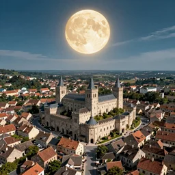 aerial view of a medieval town situated below a glowing orb hanging in the sky. by alan lee by peter mohrbacher, trending on artstation sharp focus vfx key shot