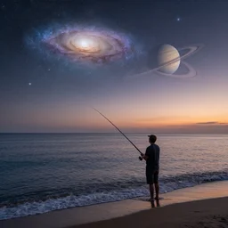 man standing at the beach fishing in the ocean a galaxy and a planet with rings visible in the dusk sky highly detailed photograph high resolution