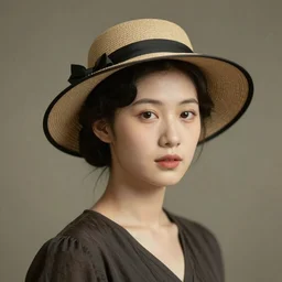 a medium shot portrait of a young beautiful woman with a hat on, cinematic lighting, studio quality, high quality, smooth, sharp focus, circa 1 9 1 0, vintage, single face, medium shot