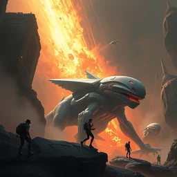 illustration of an alien invasion, futuristic, destruction, realism, cinematic, film, 1 2 8 k by mandy jurgens
