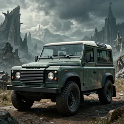Land Rover Defender 110 (1985), an epic fantasy, dramatic lighting, cinematic, establishing shot, extremely high detail, photorealistic, cinematic lighting, artstation, by simon stalenhag, The Elder Scrolls V: Skyrim, The Reach, Markarth, Karthwasten