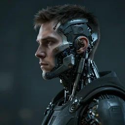 handsome man half covered face with cybernetic enhancements as seen from a distance, scifi character portrait by greg rutkowski, esuthio, craig mullins, 1 / 4 headshot, cinematic lighting, dystopian scifi gear, gloomy, profile picture, mechanical, half robot, implants, solarpunk