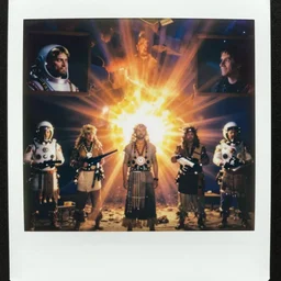polaroid of tribes men with space age weapons shots by Tarkovsky