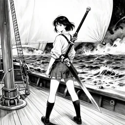 highly detailed ink illustration a young woman, with a large sword strapped to her back is standing on the deck of a ship as it sails through a stormy sea, b & w clean shaped illustration by kim jung gi