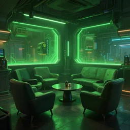 concept art of cyberpunk 2 0 7 7 lounge environment, few chairs, neon, by marta leydy, highly detailed, 8 k, hdr, studio, matte painting, digital illustration, artstation, green soft light