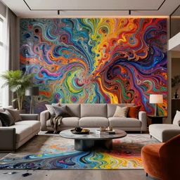 a beautiful insanely detailed photo from a modern living room surounded by intricate detailed color smashing fluid oilpaint, 3 d render, hyper realistic detailed, sharp, melting wax, fluid acrilic, thin fractal tendrils, intense colors, scifi, fantasy, insanely detailed, octane render, concept art, by peter mohrbacher, by wlop, by ruan jia