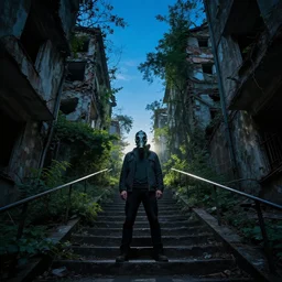 A high quality colorful photo of a mysterious man with a gas mask standing in the middle of a staircase alley looking in the direction of the camera :: outside, blue sky visible :: ruined city with vegetation and trees growing everywhere on the destroyed buildings :: forest :: apocalyptic, gloomy, desolate :: long shot, low angle, dramatic backlight, symmetrical, night, slightly colorful photography :: cinematic shot, highly detailed