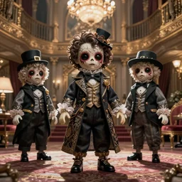 a photo of a surreal horror toys dressed in fancy clothes in a luxurious hotel, ultrarealistic, filmic, cinematic, octane render