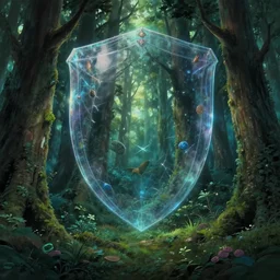 fantasy forest, very big magic shield is in the main, by ghibli, pixar, disney, dark, albert bierstadt, 4 k, high detail