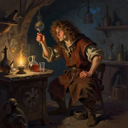 fantasy concept art by jakub rozalski, jan matejko, colorful, and j. dickenson, ( low key light ), curly haired, clumsy medieval alchemist in a alchemy lab!!. dark shadows