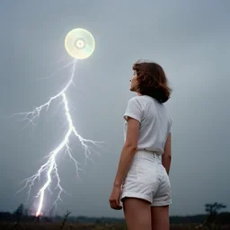 realistic photo portrait of a a girl dressed in white shorts, watching at glowing disks flying in a grey sky, covered with tesla electricity, 1 9 9 0, life magazine photo, natural colors, museum collection, kodak