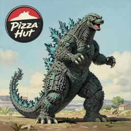portrait of godzilla attacking pizza hut, jodhpurs greg manchess painting by sargent and leyendecker, studio ghibli, medium shot asymmetrical intricate elegant illustration hearthstone, by greg rutkowski by greg tocchini by craig mullins