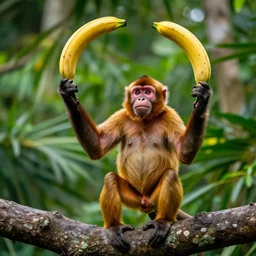 multicolor photo of monkey juggling bananas at the jungle by steve mccurry in 4 k ultra high resolution and with dutch angle, with funny feeling
