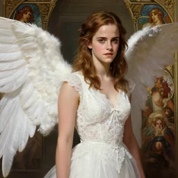 emma watson as an angel, white lace, highly detailed, digital painting, matte, sharp focus, art by artgerm, greg rutkowski, alphonse mucha, frank frzetta, boris vallejo, bouguereau, beksinski, cinematic