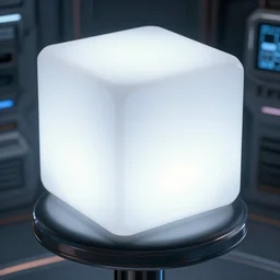 cinematic closeup portrait of big glowing cube, laying on high futuristic stool, space station room at background, high detail, 8 k, sharp focus, movie still, dramatic lighting, ray tracing, smooth, by lane brown, by finnstark, by oleg bulakh, diego fazio, by mike dargas, emanuele dascanio, felix englund