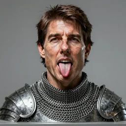 enormous geometric accurate sculpture of tom cruise sticking out his tongue, beautiful symmetrical!! face accurate face detailed face realistic proportions, made of chain mail and plate armor on a pedestal by ron mueck and frank frazzetta, cinematic lighting shocking detail 8 k