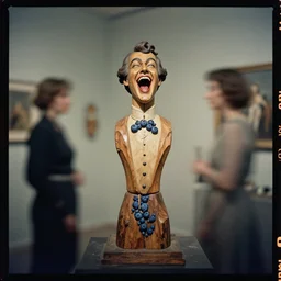 kodak portra 4 0 0, wetplate, muted colours, blueberry, 1 9 3 0 s style, award winning portrait of wooden skulptur of hysterically laughing loudly prince by willy verginer in a vernissage, haze, motion blur, in the style of britt marling and by georges melies