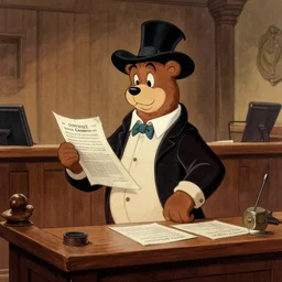 detailed background courtroom sketch of vintage disney character bear the gambler presenting evidence of copyright infringement to the judge bench court room wooden serious dark tone