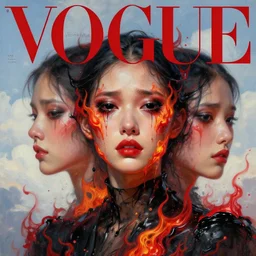 3 d, crying fashion model black eyes, flame, liquid black and red water, morning, vogue cover style, poster art, high detail, intricate oil painting, multiple exposure, heaven mood, hyperrealism, 3 d, by tooth wu and wlop and beeple and greg rutkowski