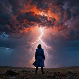a man with a long wavy black hair wearing a long blue coat and holding a spear stands with his back to the viewer on bare rocky ground looking up at an immense approaching lightning storm. roiling dramatic threatening dangerous looming clouds in shades of red and orange and blue and grey and black. fantasy art by greg rutkowski and michael whelan