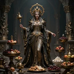 a stunning portrait of the goddess of feast and famine, full body, ominous, cinematic shot, realistic, photography, photorealisic, fantasy, ornate, intricate detail, epic, high definition, 8 k, midjourney, artstation