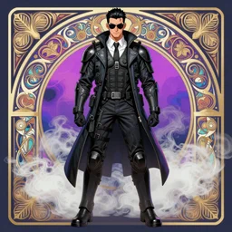 coherent classic intricate symmetry detailed full body and face character design of realistic alt art androgynous agent slick black hair, white shirt neck tie kevlar tactical bulletproof armor jacket sunglasses heroic pose smoky neon background artgerm greg rutkowski alphonse mucha trending