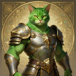 portrait of a muscular green cat, d & d, armour, fantasy, intricate, elegant, highly detailed, digital painting, artstation, concept art, smooth, sharp focus, illustration, art by artgerm and greg rutkowski and alphonse mucha