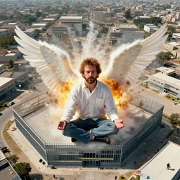 birds eye view of el chapo exploding out of prison in deep meditation. clear sunny day. 4k. el chapo inspired. angel. terrorist attack. jail escapee. aerial footage.