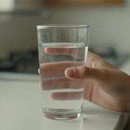 cinestill by denis villeneuve close - up on a glass of water and the hand of a teenager in a kitchen, depth of field, blur