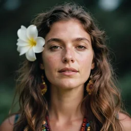 out of focus photorealistic portrait of a beautiful hippie woman by saul leiter, very blurry, a white flower in the hair