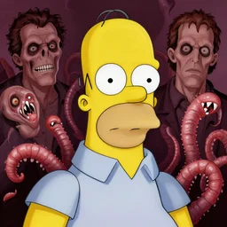homer simpson, flesh worms, macabre, horror saw teeth, by donato giancola and greg rutkowski and wayne barlow, zdizlaw beksinski, realistic face, digital art, artstation