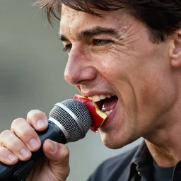 Tom Cruise eating a microphone like an apple the microphone is being crushed by his massive teeth, photo realistic, highly detailed, natural lighting, eating!!!! a microphone, 4k