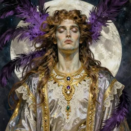 thanatos, beautiful male god of death, closed eyes, long hair, wearing ornate silk and lace clothes, gold jewelry, moon, purple feathers, by Alphonse Mucha, rule of thirds, super detailed, 8k