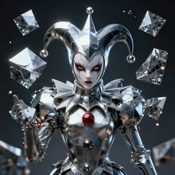 front shot of a court jester character mesmerizing fractal hyper cubes platinum cracked dark future metallic galactic cryst edges poly elegant detailed concept artstation sharp focus ray tracing cinematic masterpiece fine portrait